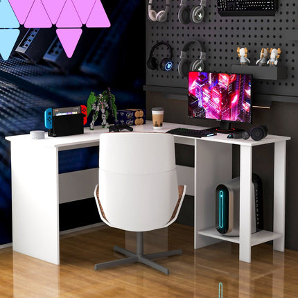 L-Shaped Computer Desk, 2 Cable Holes, Shelves, White