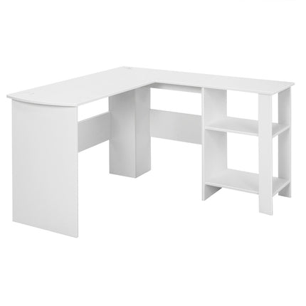 L-Shaped Computer Desk, 2 Cable Holes, Shelves, White