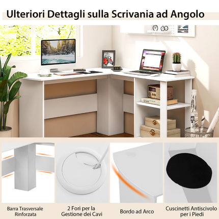 L-Shaped Computer Desk, 2 Cable Holes, Shelves, White
