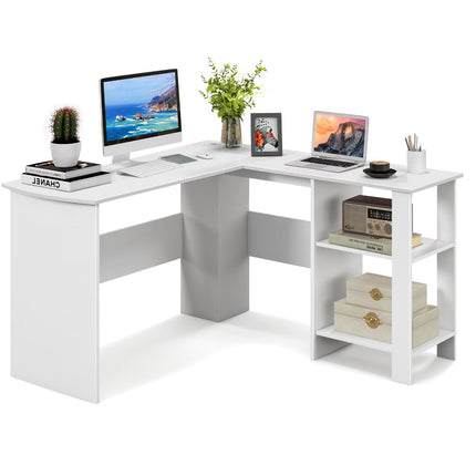 L-Shaped Computer Desk, 2 Cable Holes, Shelves, White