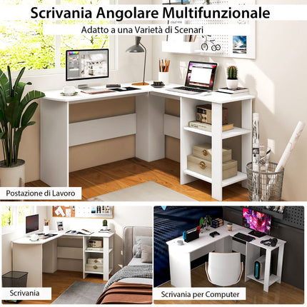 L-Shaped Computer Desk, 2 Cable Holes, Shelves, White