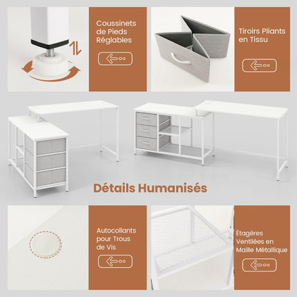 L-Shaped Computer Desk, Power Outlet, 3 Drawers, White