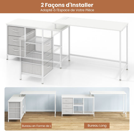 L-Shaped Computer Desk, Power Outlet, 3 Drawers, White