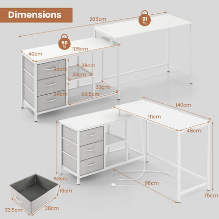 L-Shaped Computer Desk, Power Outlet, 3 Drawers, White
