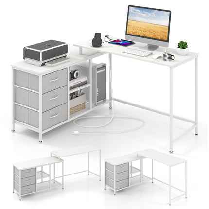 L-Shaped Computer Desk, Power Outlet, 3 Drawers, White
