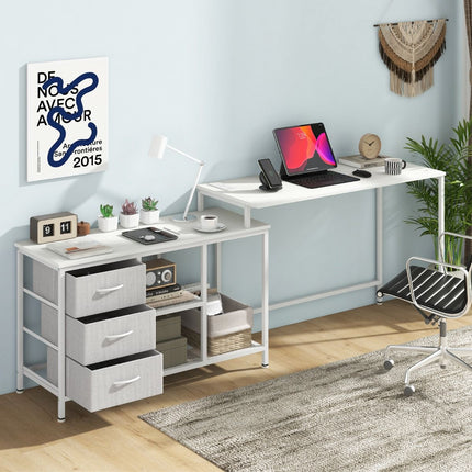 L-Shaped Computer Desk, Power Outlet, 3 Drawers, White