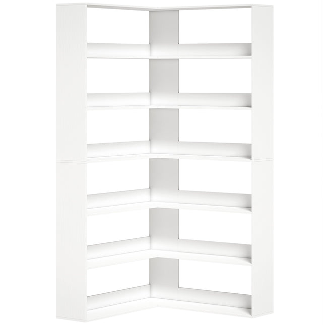 L-Shaped Corner Bookshelf, 7-Tier, White Wood Look