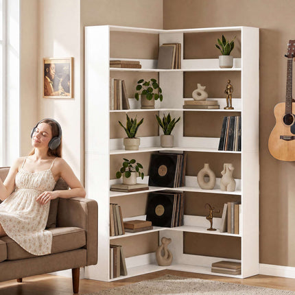 L-Shaped Corner Bookshelf, 7-Tier, White Wood Look