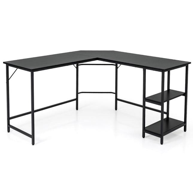 L-Shaped Corner Desk with 2 Shelves, Black