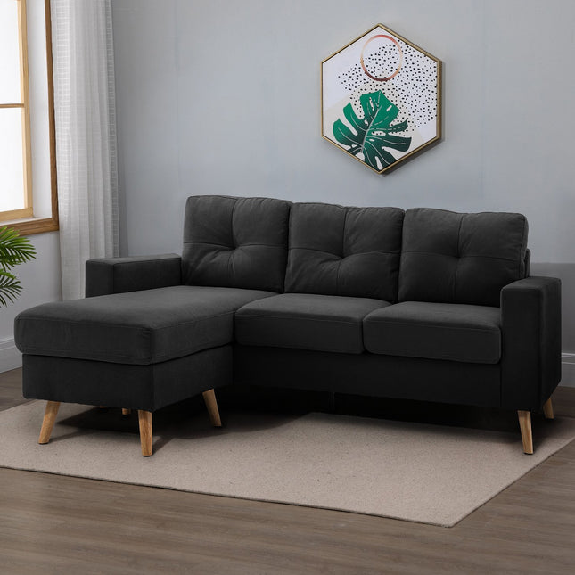 Black L-shaped linen sofa, corner sofa with chaise longue for 3