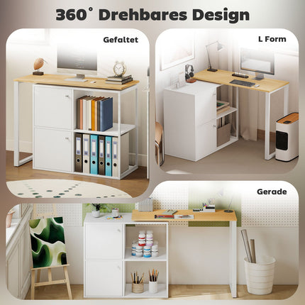 L-Shaped Desk, Rotating Corner, 2 Cabinets, 2 Shelves, 150x40x75 cm, White