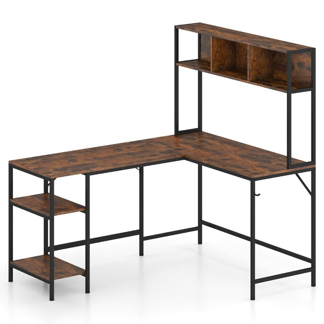 L-Shaped Desk with Bookshelf, Corner Computer Table, Rustic Brown
