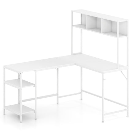 L-Shaped Desk with Bookshelf, White – Space-Saving Design