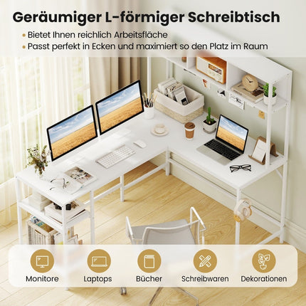 L-Shaped Desk with Bookshelf, White – Space-Saving Design