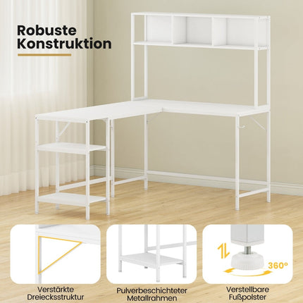 L-Shaped Desk with Bookshelf, White – Space-Saving Design