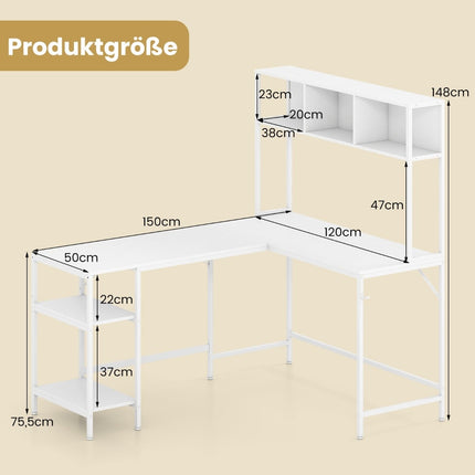L-Shaped Desk with Bookshelf, White – Space-Saving Design