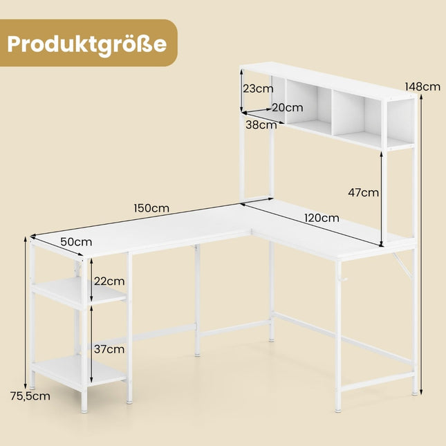 L-Shaped Desk with Bookshelf, White – Space-Saving Design