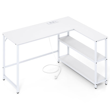 L-Shaped Desk with Charging Station & Shelves, White