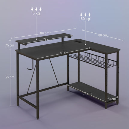 L-Shaped Desk with LED, Outlets, USB, Reversible, Black