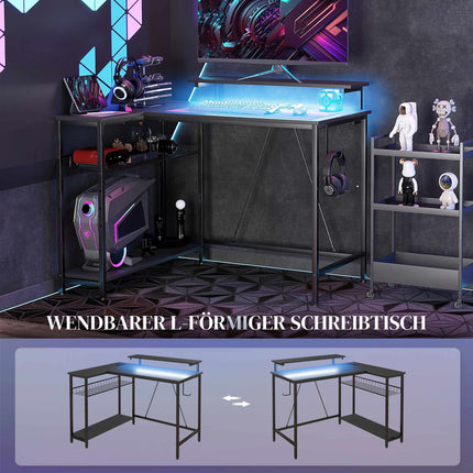 L-Shaped Desk with LED, Outlets, USB, Reversible, Black