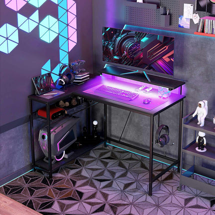 L-Shaped Desk with LED, Outlets, USB, Reversible, Black