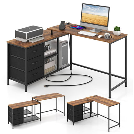 L-Shaped Desk with Power Outlet & Fabric Drawers, Brown
