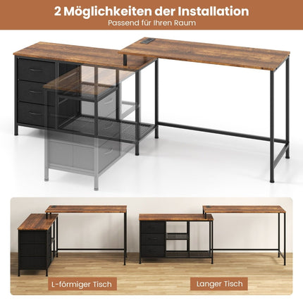 L-Shaped Desk with Power Outlet & Fabric Drawers, Brown