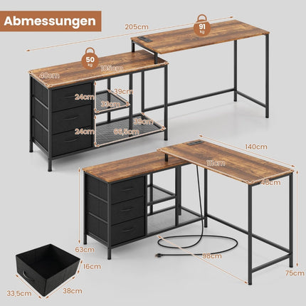 L-Shaped Desk with Power Outlet & Fabric Drawers, Brown