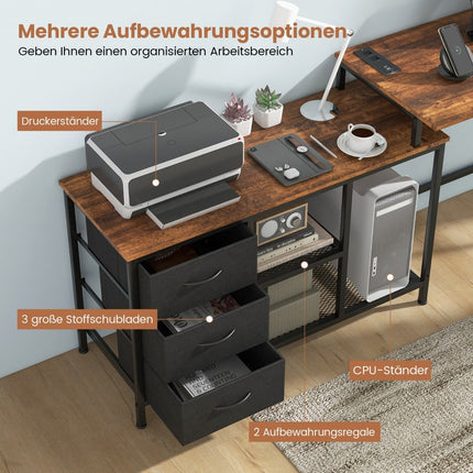 L-Shaped Desk with Power Outlet & Fabric Drawers, Brown