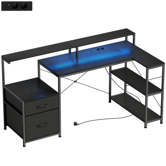 L-Shaped Gaming Desk with LED, Power Outlets, Dual Monitor Stand