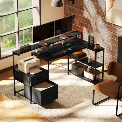 L-Shaped Gaming Desk with LED, Power Outlets, Dual Monitor Stand
