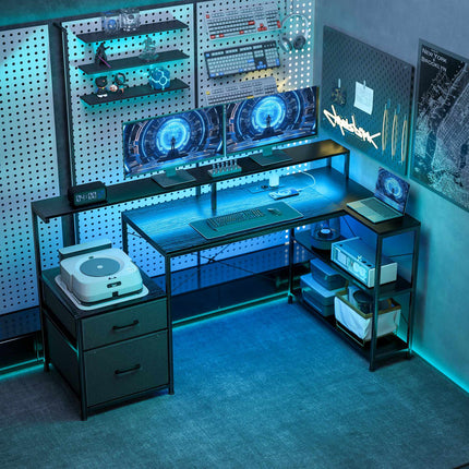 L-Shaped Gaming Desk with LED, Power Outlets, Dual Monitor Stand