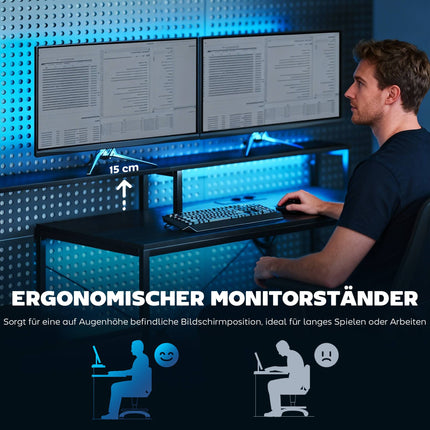 L-Shaped Gaming Desk with LED, Power Outlets, Dual Monitor Stand