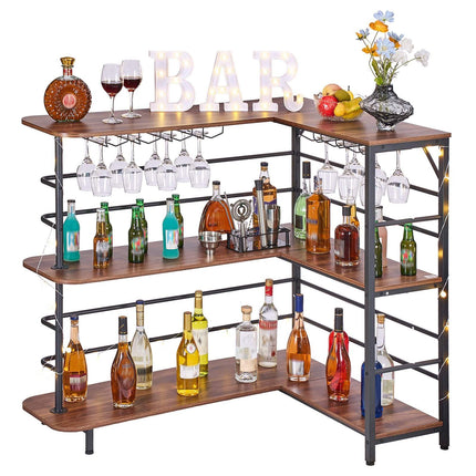 L-Shaped Home Bar Cabinet, 3-Tier, LED, Walnut, Metal Frame