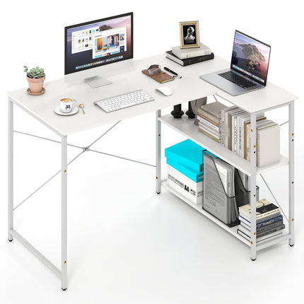 L-Shaped Reversible Corner Desk with Adjustable Shelf, White