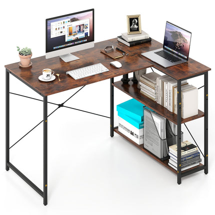 L-Shaped Reversible Desk with Adjustable Shelf, Rustic Brown