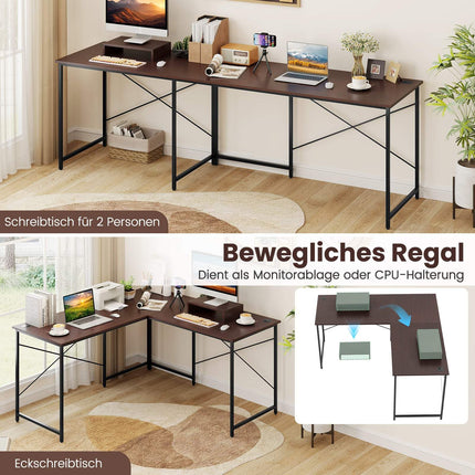 L-Shaped Reversible Desk with Charging Station, Brown