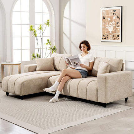 L-Shaped Sectional Sofa, Beige, 3-Seater with Chaise and Cushions