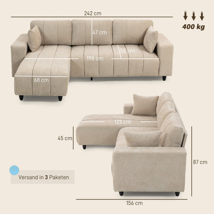 L-Shaped Sectional Sofa, Beige, 3-Seater with Chaise and Cushions