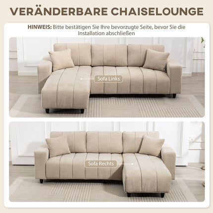 L-Shaped Sectional Sofa, Beige, 3-Seater with Chaise and Cushions