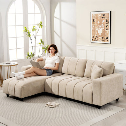 L-Shaped Sectional Sofa, Beige, 3-Seater with Chaise and Cushions