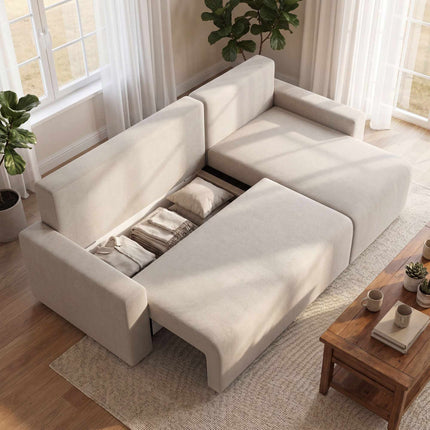 L-Shaped Sleeper Sofa with Storage, Reversible Chaise – Beige