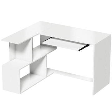 L-Shaped White Wood Desk with Keyboard Tray and Shelves