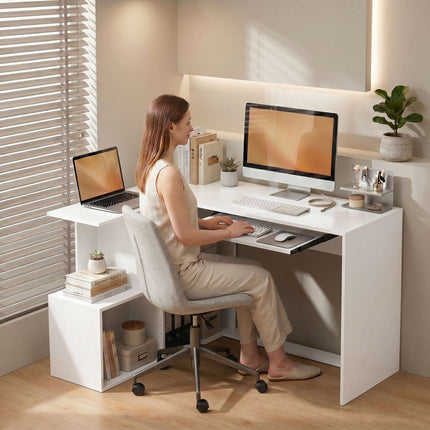 L-Shaped White Wood Desk with Keyboard Tray and Shelves