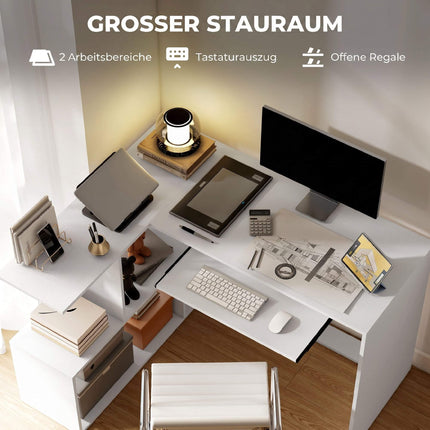 L-Shaped White Wood Desk with Keyboard Tray and Shelves
