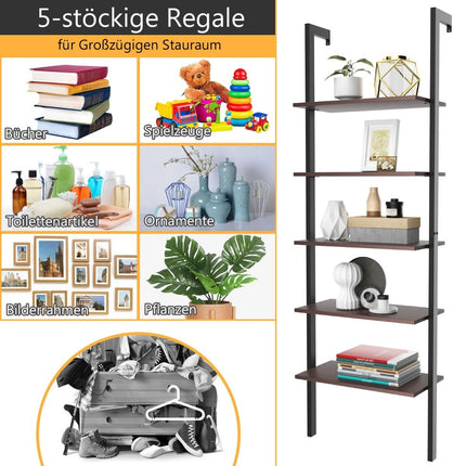 Ladder Shelf 5 Tier Display Shelf with Metal Frame Plant Stand Brown