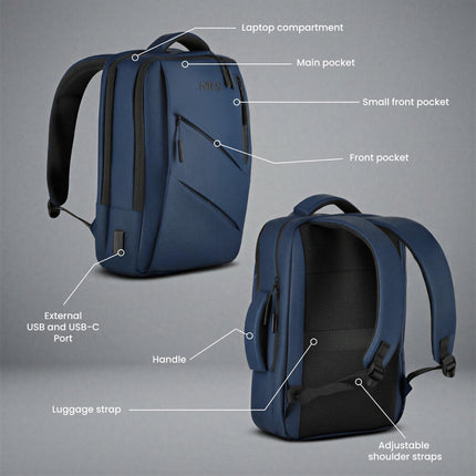 Laptop Backpack, Blue, USB-C Charging Port, 15L