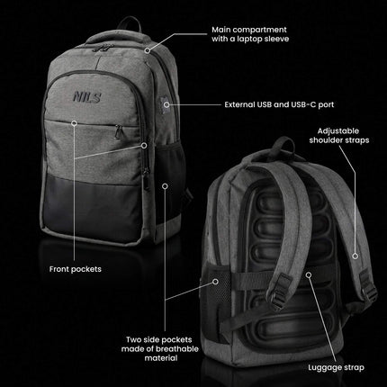 Laptop Backpack, USB-C Charging Port, 18L Grey