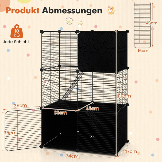 Large 3-Tier Cat Cage with Play Area, 74x47x110 cm