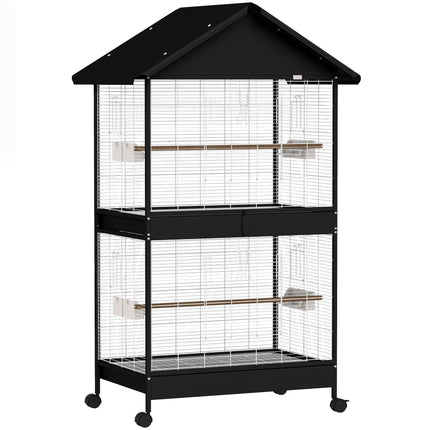 Large Bird Cage with Removable Divider, Wheels, White/Black